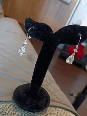 Silver Tone Teardrop Crystal Dangle Earrings - Clear
